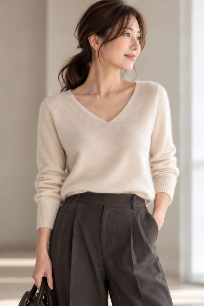 骨格ストレートにおすすめの白いVネックカシミヤニット。すっきりしたシルエットの着こなし