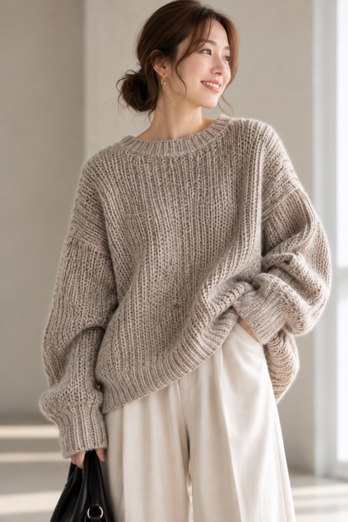 骨格ナチュラルにおすすめのざっくりしたベージュニット。ゆったりしたシルエットの着こなし