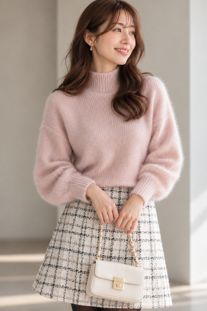 骨格ウェーブにおすすめのピンクのふんわりニット。短め丈でバランスよく着こなすコーディネート